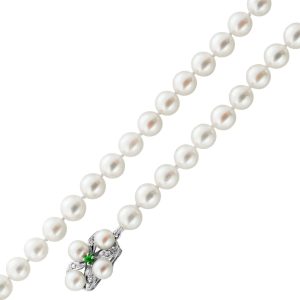 Perlenkette Weißgold 585 Akoyaperlen Diamanten Tsavorit Antikschmuck